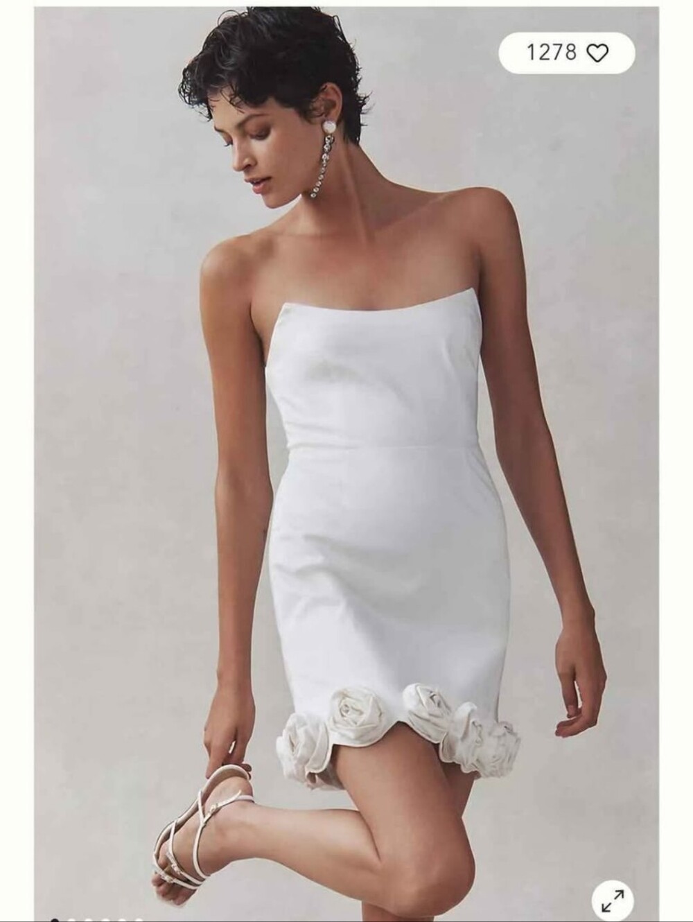 Strapless White Mini Dress with Rosette Hem